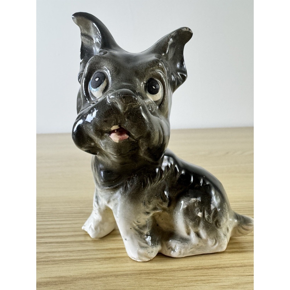 Vintage Japan Terrier Dog Figurine Ceramic Black White Blue Eyes Mid Century